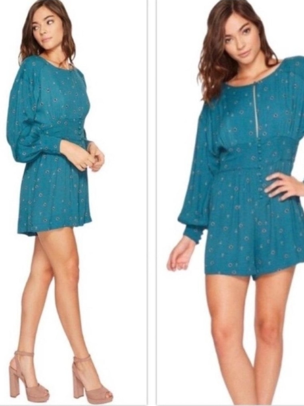 Free People Teal Eyelet-Print Long-Sleeve Mini Romper